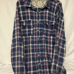Women’s Plaid Button Up Shirt - Blue and Pink Long Sleeve Size XLarge